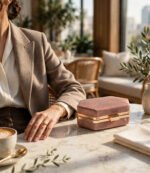 Rose pink glitter evening clutch bag placed on a café table beside a coffee cup