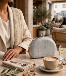 Silver glitter clutch bag for women placed on a cafe table beside a latte