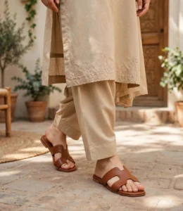 Tan leather H-band slides styled with a beige embroidered shalwar kameez