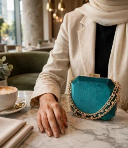 Teal evening clutch bag for women placed on marble cafe table