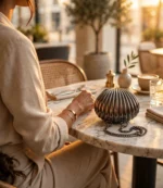 Ladies chain clutch bag on cafe table with linen outfit
