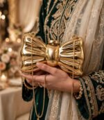 Woman holding gold bow clutch bag with green embroidered wedding outfit