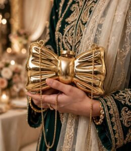 Woman holding gold bow clutch bag with green embroidered wedding outfit