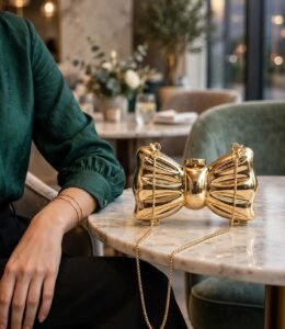 Gold bow clutch bag on marble cafe table styled with green blouse