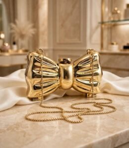 Gold bow clutch bag for women displayed on marble with ivory silk