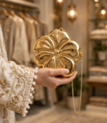 Hand holding gold flower shaped clutch bag with gold chain in boutique