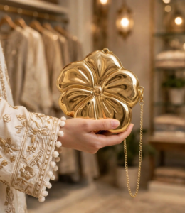 Hand holding gold flower shaped clutch bag with gold chain in boutique