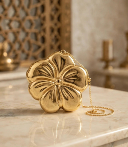 Gold flower clutch bag for women with chain strap on marble table