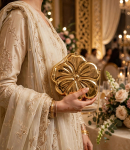 Woman holding gold flower clutch bag with cream embroidered suit at wedding