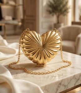 Gold heart clutch bag with chain strap displayed on cream marble table