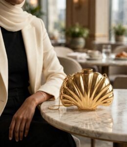 Golden scallop shell evening clutch bag styled with cream blazer and hijab in a cafe