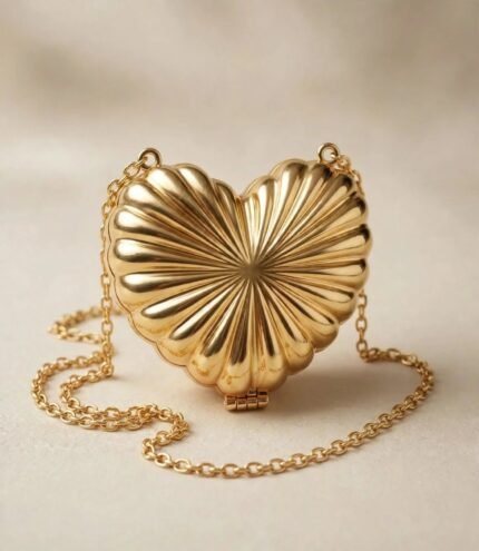 Golden heart shaped clutch with scalloped sunburst design and gold chain strap