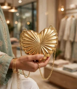 Golden heart shaped clutch with gold chain held by woman in embroidered sage green suit