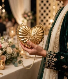 Woman with mehndi holding golden heart shaped clutch at wedding in green velvet suit