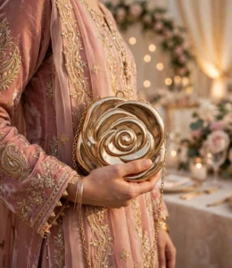 Woman holding golden rose clutch bag with pink embroidered wedding dress