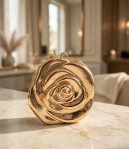 Gold rose shaped clutch bag with chain on a marble table
