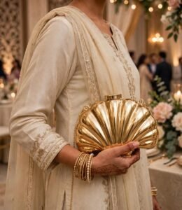 Woman holding gold shell clutch bag at a Pakistani wedding with cream shalwar kameez