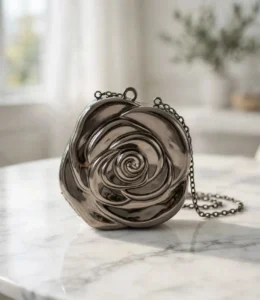 Silver gunmetal rose design chain clutch bag for women on marble surface