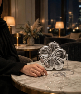 Silver flower clutch bag on marble table for evening party wear