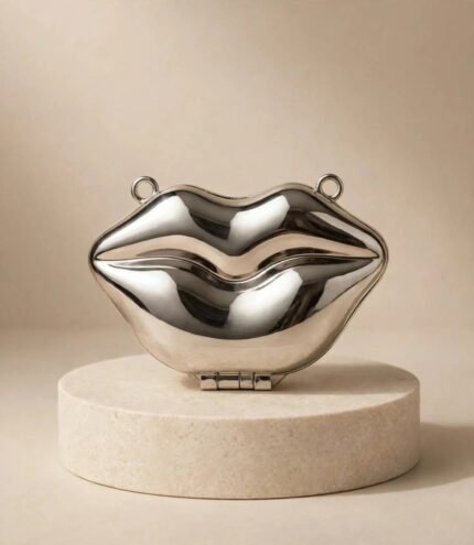 Silver lip clutch bag with side rings for a chain strap on a stone stand