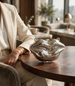 Silver lip shaped clutch on a wooden table styled with an ivory blazer and gold bangles