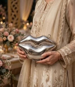 Woman holding a silver lip shaped clutch with a cream embroidered Pakistani wedding dress